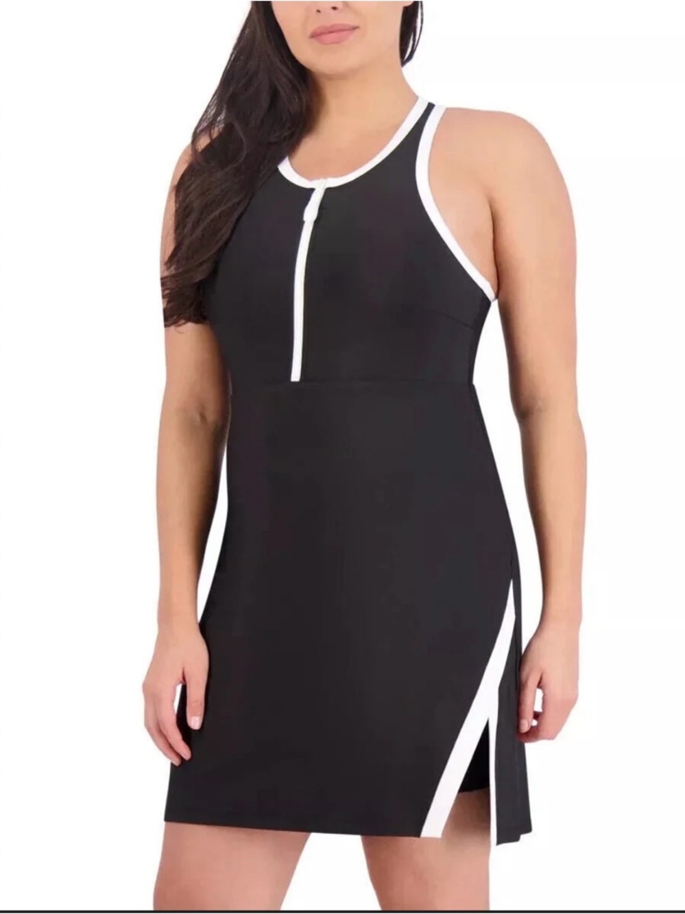 Sage Black and White Racerback Swim Dress with Front Zip